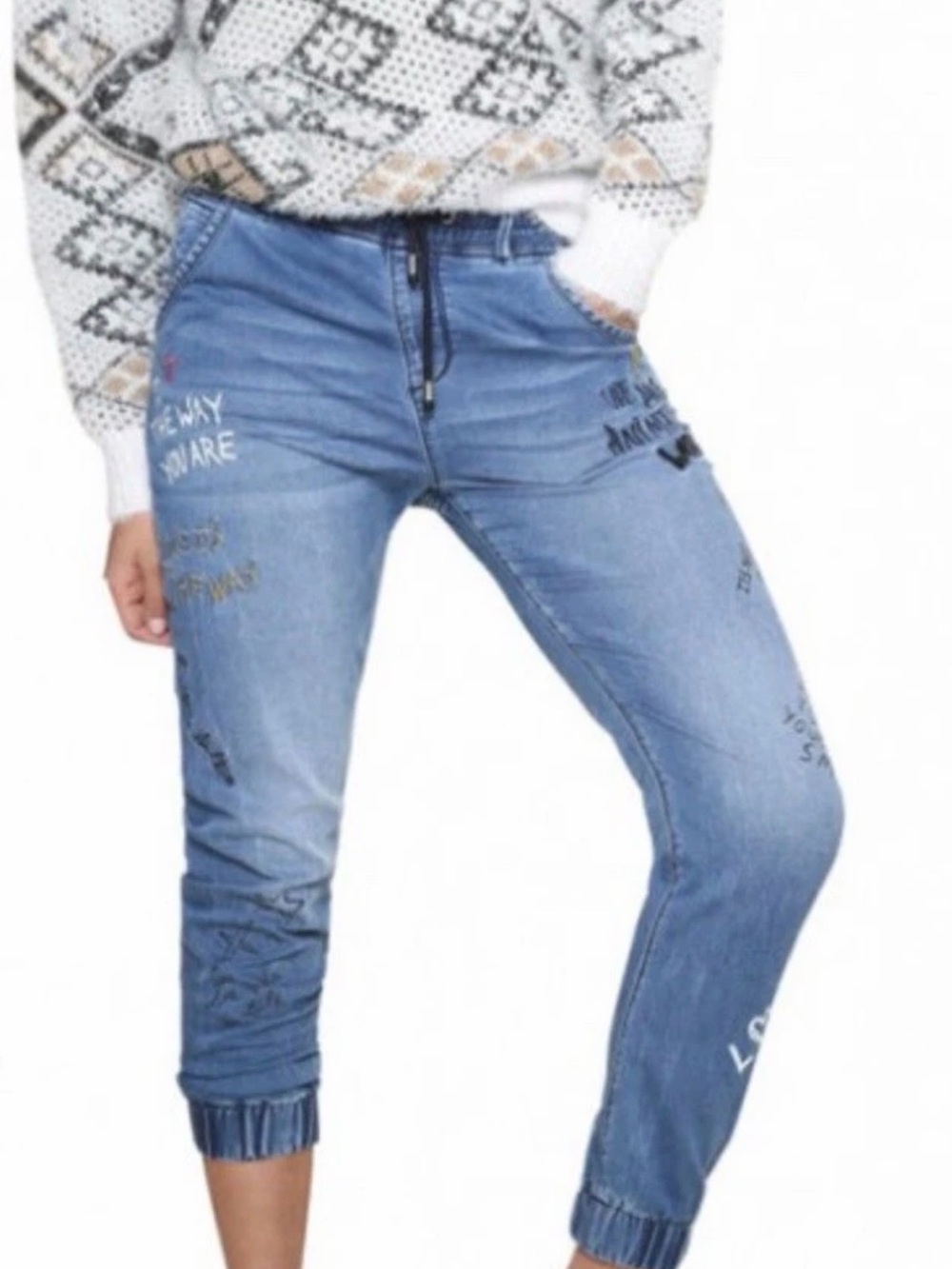 Desigual Jogger Jeans  Text Print Denim Drawstring Waist Eur  27 =us 4
